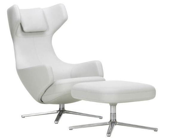 fauteuil lounge grand repos et ottoman pietement chrome et tissu blanc vitra citterio